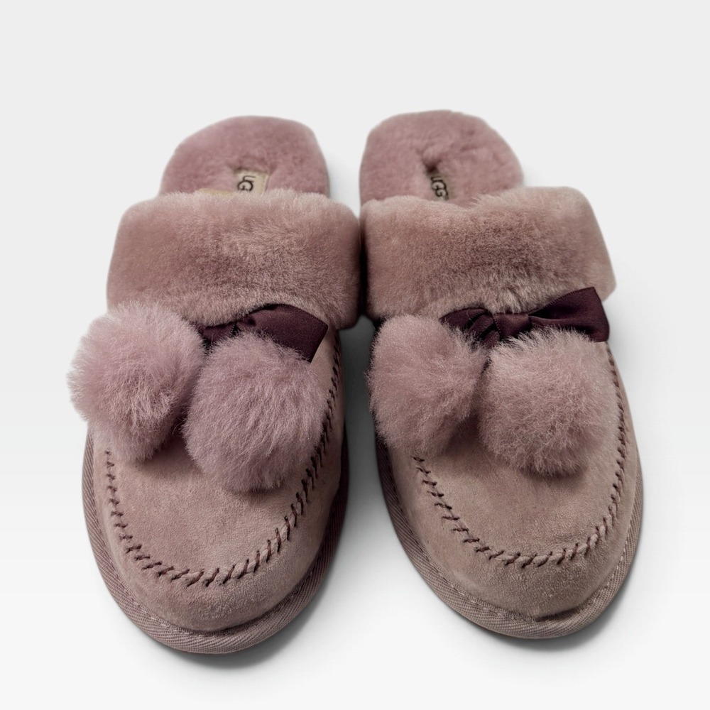 UGG Slippers Hafnir Women 10 Dusty Rose Pom Pom Suede Sheepskin 1017544 NEW